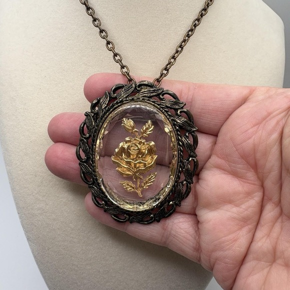 Jewelry - Vintage Reverse Carved Glass Floral Cameo Pendant Victorian Revival Bronze